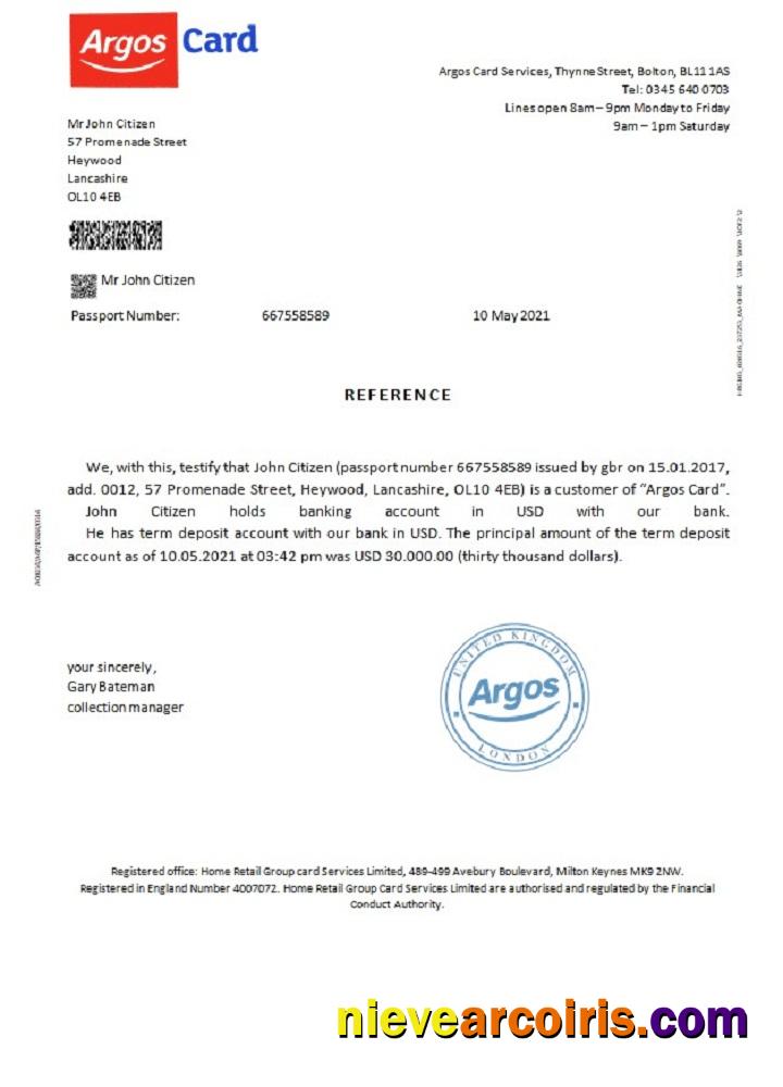 United Kingdom Argos Card reference